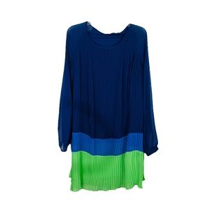 Vertigo Pleated Colorblock Dress L Flowing Long Sleeve Blue Green Lined Pullover